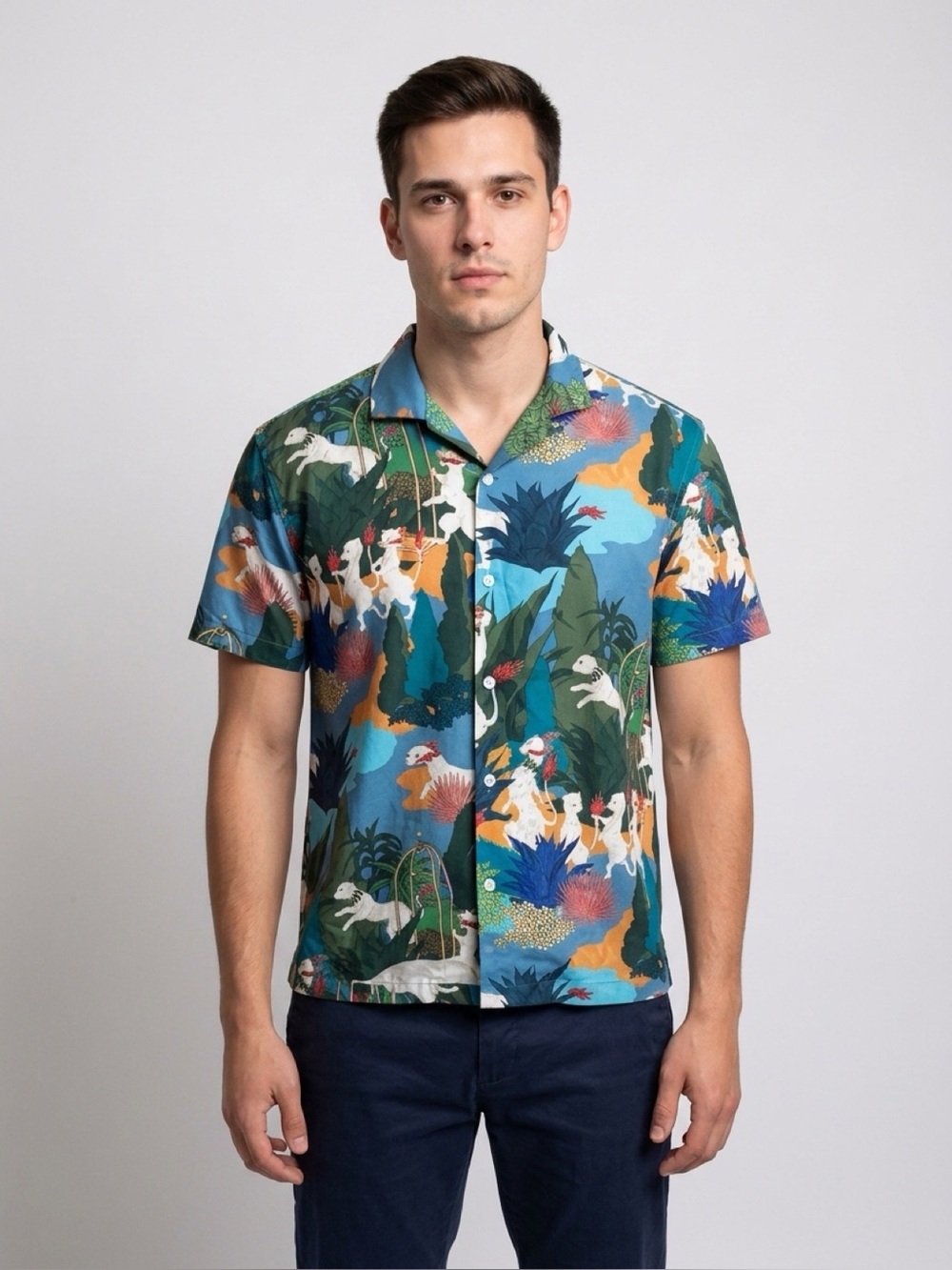 Colorful Men's Casual Button Down Shirt, dragons, wears like medium/large